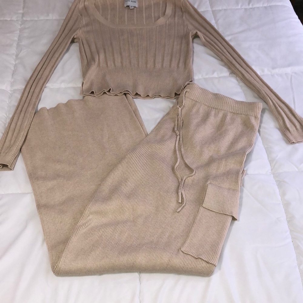 Pink Rose Tan Ribbed Pantsuit